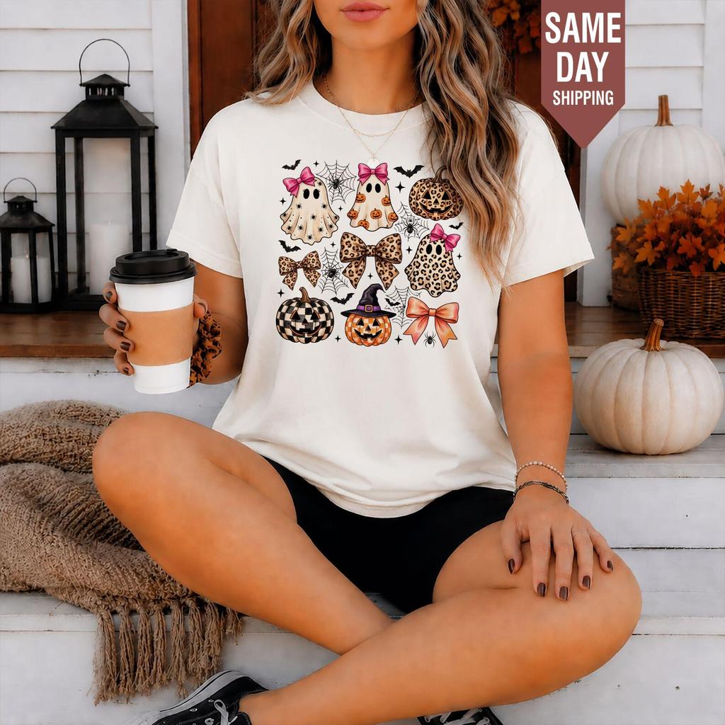 Leopard Ghost Halloween Shirt, Coquette Bow Ghost Pumpkin Tee, Cute Spooky Season Shirt, Fall Halloween Tee, Trick or Treat Halloween TShirt