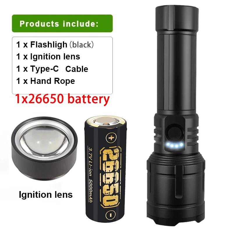 Super Bright Flashlight with Flame Ignition Type-C Rechargeable Outdoor Zoomable Aluminum Alloy Floodlight Camping Adventure