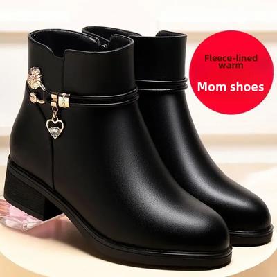 Модные зимние ботинки Женские водонепроницаемые теплые кожаные ботинки для мамы и хлопка Модные черные ботинки на среднем каблуке Плюшевые снежные ботинки Мягкая подошва Короткие ботинки