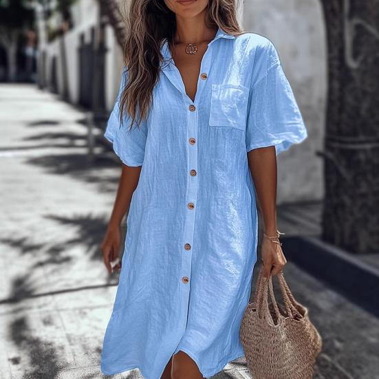 Women Shirt Lapel Short Sleeve Casual Commuter Style Shirt Solid Color Loose