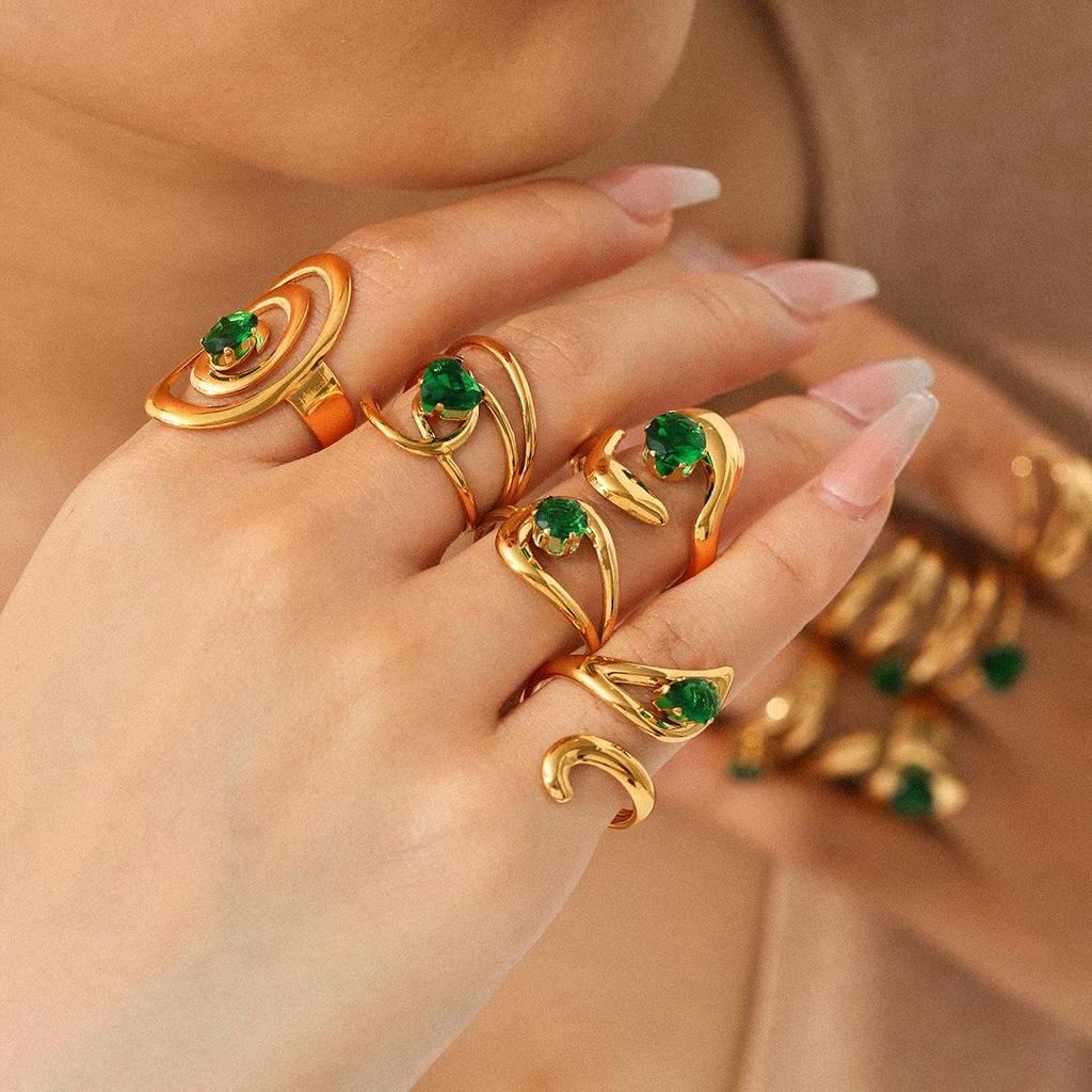 Retro Green Gemstone Zircon Stainless Steel Open Ring for Women