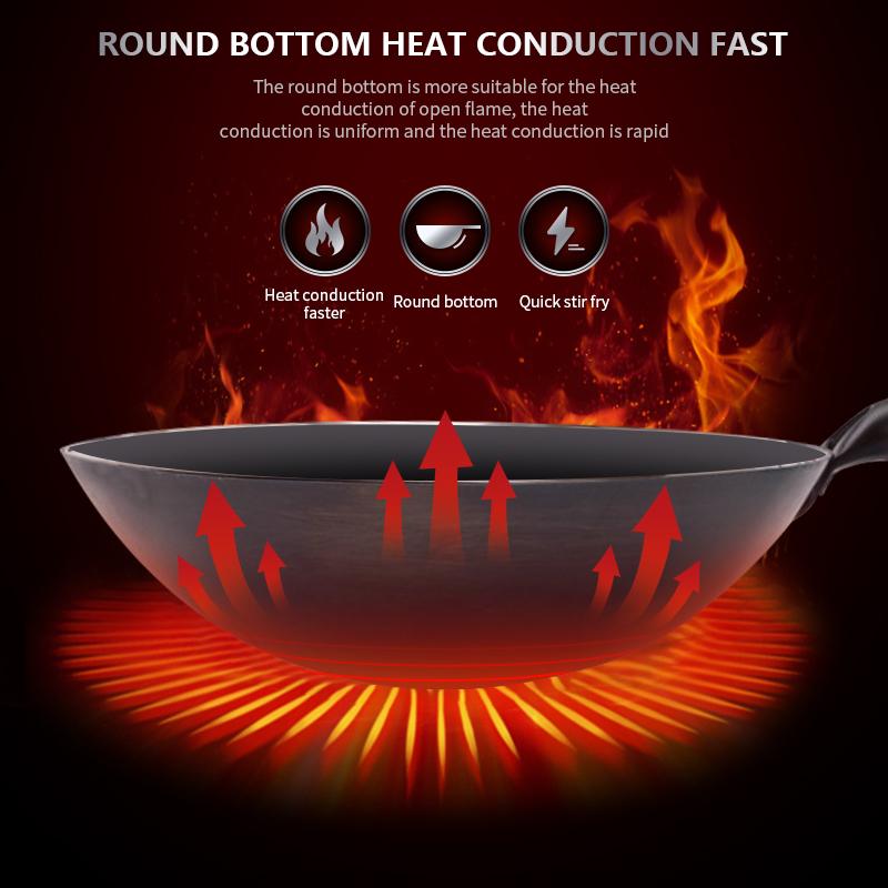 Традиционный железный вок,Вок без покрытия,ручной ковки для кухонной сковороды,Вок с деревянной ручкой,кухонная газовая кастрюля,посуда