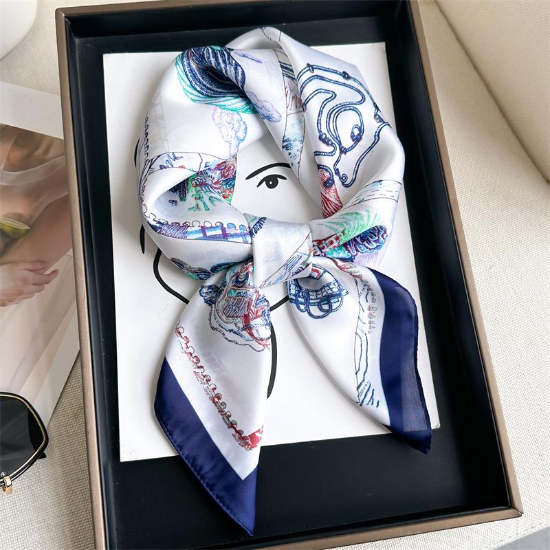 Lily Printed 70 Square Scarf Imitation Silk Sunscreen Scarf Versatile Decorative Scarf Women'S Headscarf Silk Scarf