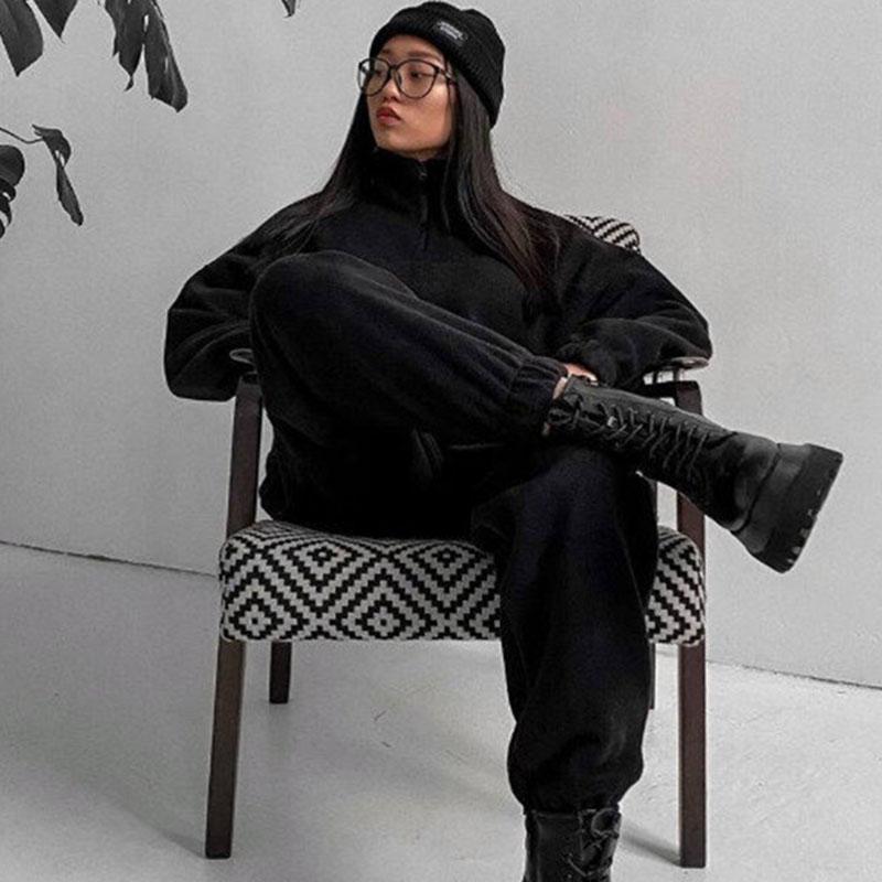 Женский флисовый костюм, свободная толстовка с длинным рукавом и брюки с высокой талией, комплект из 2 предметов, женский зимний модный теплый спортивный костюм 2024 года