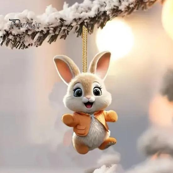 Bunny Christmas Ornaments Christmas Tree Ornaments Little Rabbit Pattern 2D Flat Acrylic Decorative Pendant Interior Rearview Mirror Hanging Ornament