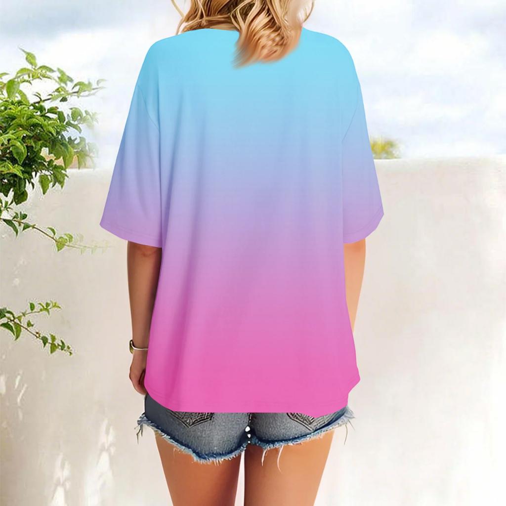 Women's Fashion Casual Gradient Color Loose Round Neck Short Sleeve Trendy Holiday T-shirt Top