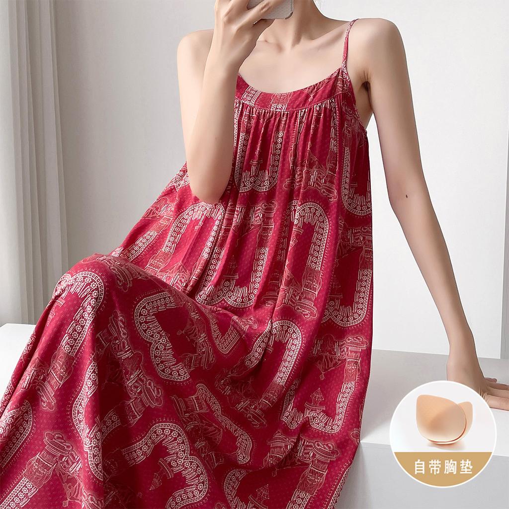 Summer cotton and silk suspender nightgown women's sleeveless chest pad can be worn outside loungewear anti-bumping artificial cotton dress