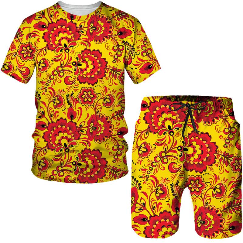 Винтажный узор с 3D принтом для мужчин, летние футболки с короткими рукавами + шорты, комплект из 2 предметов, наряд для пары, стильный хипстерский уличный костюм