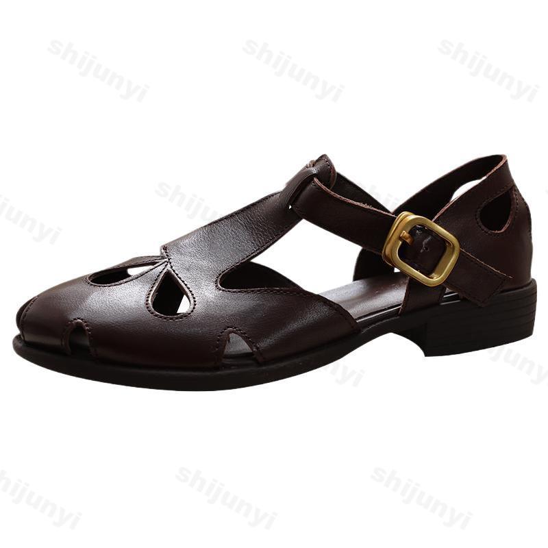 Модные летние женские сандалии 2025 Искусственная кожа Повседневные Удобные Уличные Модные Ретро Римские сандалии С перфорацией Британские сандалии