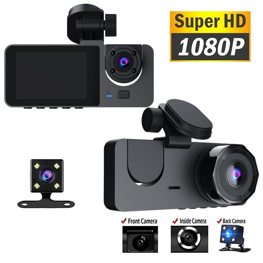 New 1080P HD Night Vision Car Driving Recorder 3-Channel Camera Video Recorder DVR Black Box Dual Lens with Rearview Camera HD Reversing Image