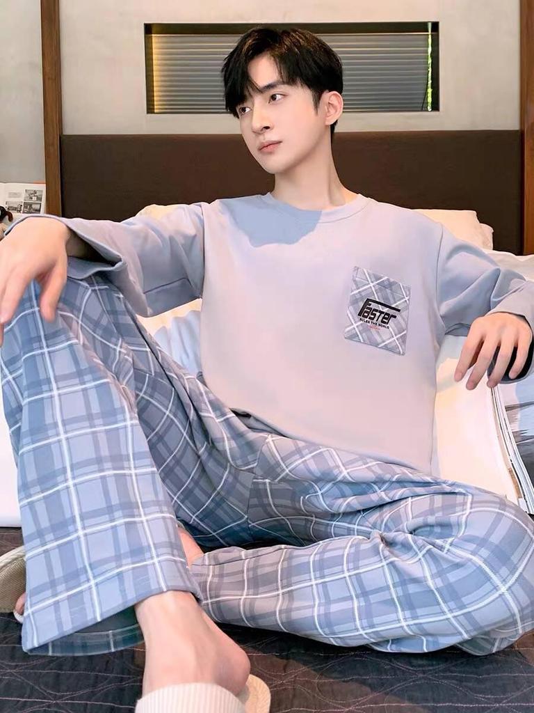 Мужской пижамный комплект большого размера с мультяшным принтом: С длинным рукавом, тонкий, для весны, осени и зимы - домашняя одежда для подростков и студентов.