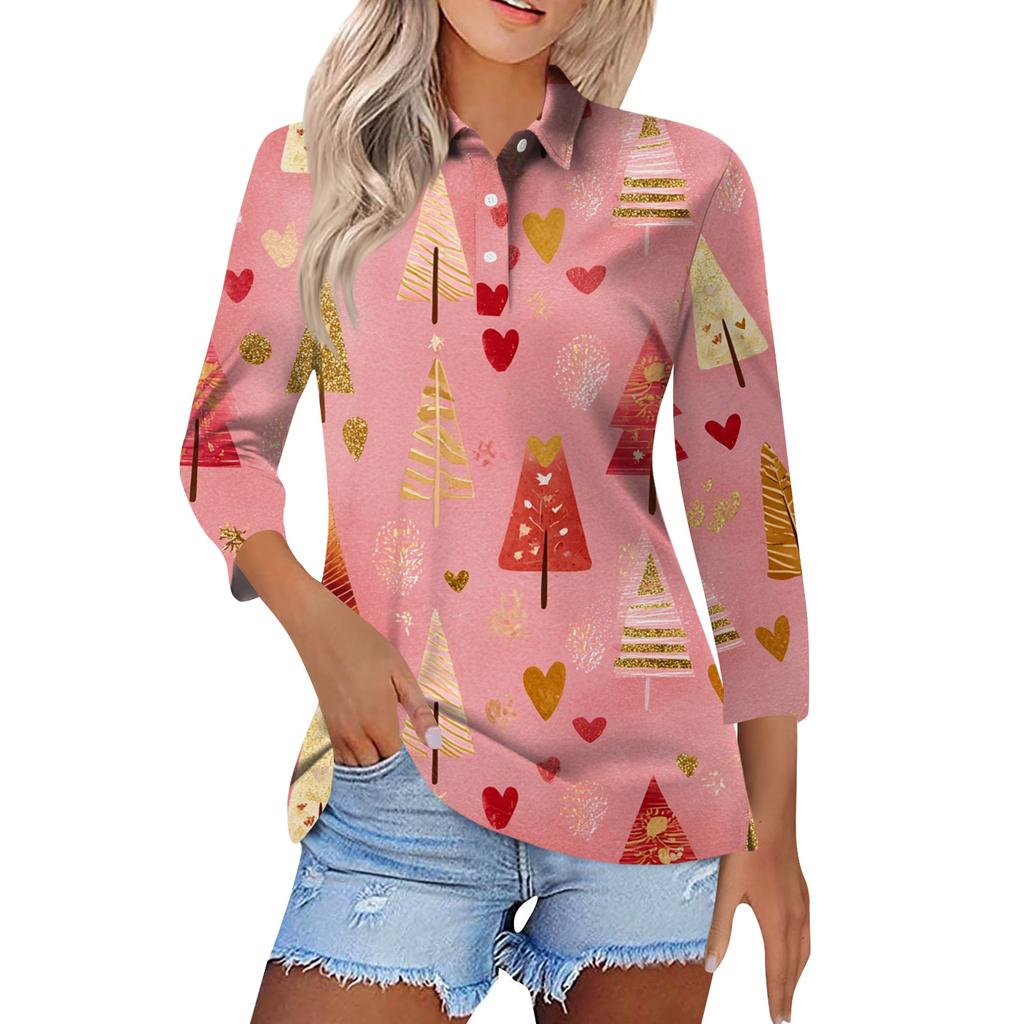 Women's Fashion Casual Lapel Short 3/4 Sleeve Christmas Print Shirt Women's Button Up Tops