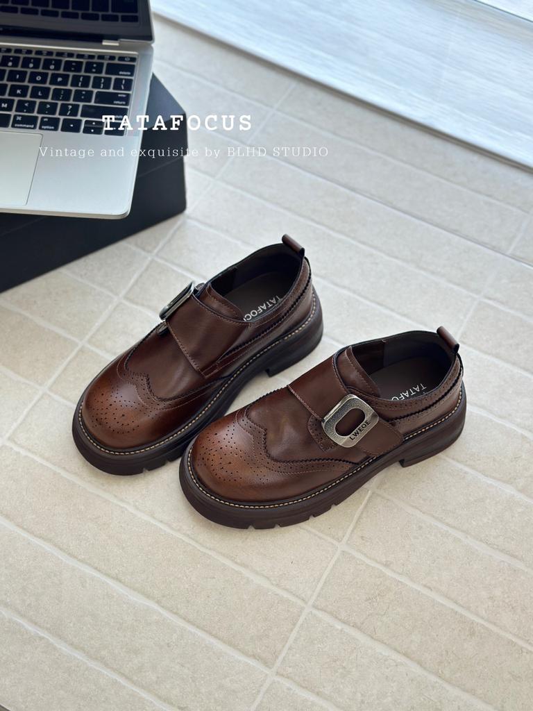 Leather British Style Carved Pollock Leather Shoes Jk Velcro Black Derby Retro Platform Loafer Small Leather Shoes Women