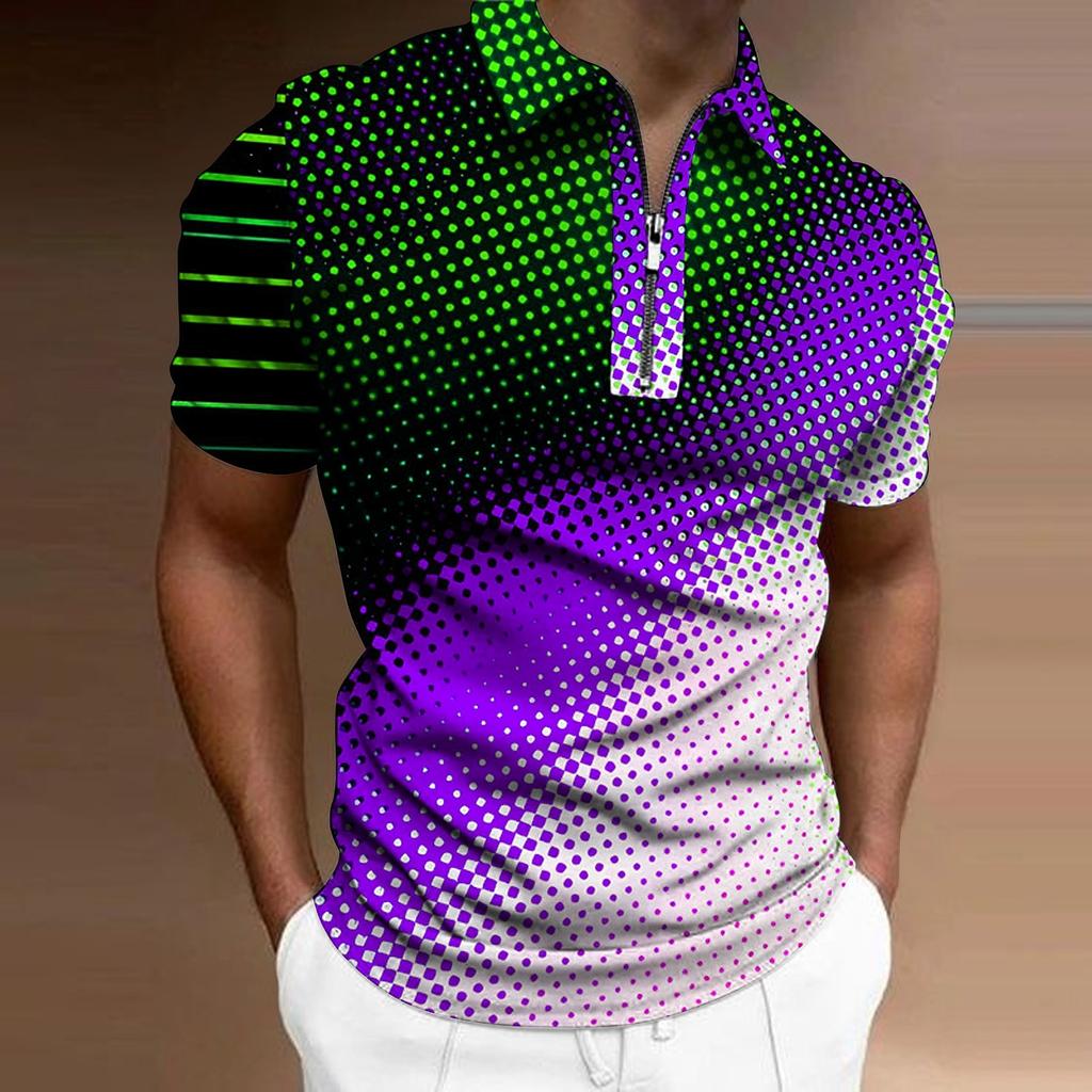 Мужская рубашка-поло, повседневная рубашка на молнии с коротким рукавом, модная повседневная рубашка на молнии на лето и весну, стандартная посадка, рубашка с 3D синим и желтым принтом в горошек
