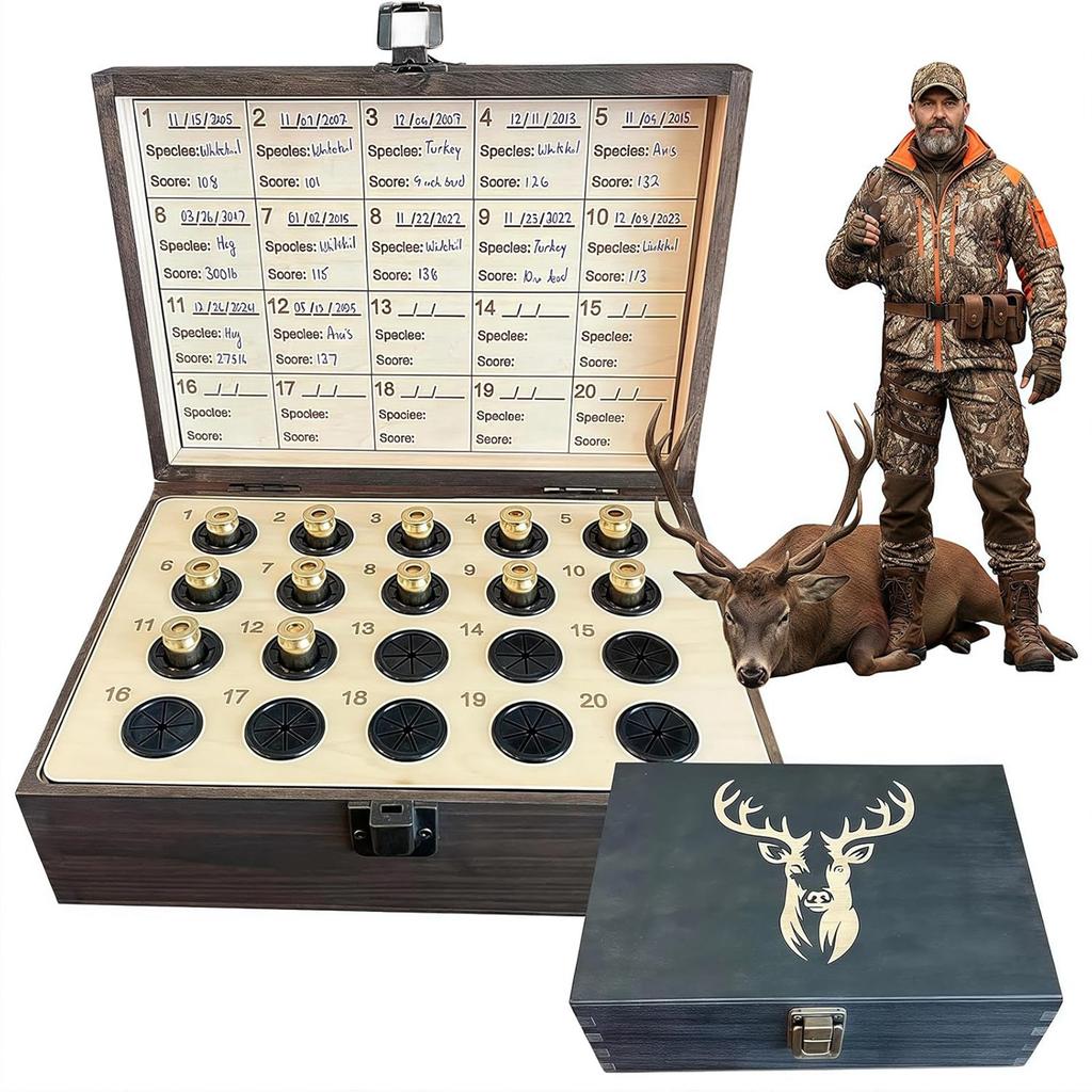 The ’s Memory Box, Wooden Hunting Keepsake Box With 20 Casing Slots, Engraved Stag Display Case With Hunting Log And Lock, Memorial Gifts