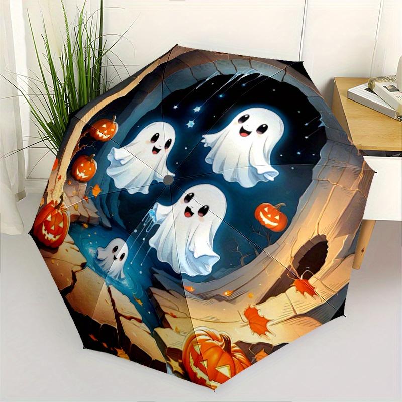 1pc Cute Ghost Pumpkin Fully Automatic Folding Portable Umbrella, 8 Iron Frames, Three-Fold Design, Suitable for All Seasons, Suitable for Outdoo