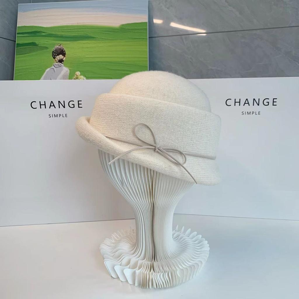 Japanese Winter Big Head Circumference Wool Blended Knitted Styling Top Hat Women'S Literary And Retro British Warm Small Basin Hat