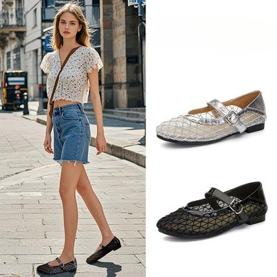 Туфли Мэри Джейн из овчины, повседневные туфли, дышащие кожаные туфли с полым сетчатым верхом, на плоской подошве, с неглубоким вырезом, женские туфли