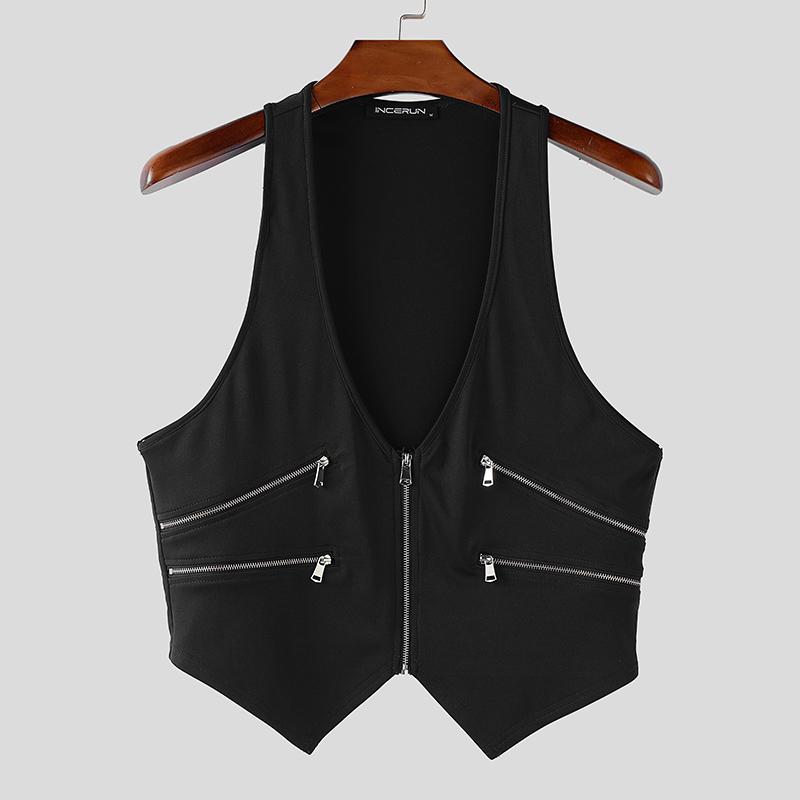 INCERUN Мужские топы-майки без рукавов с глубоким V-образным вырезом на молнии, асимметричные, повседневные