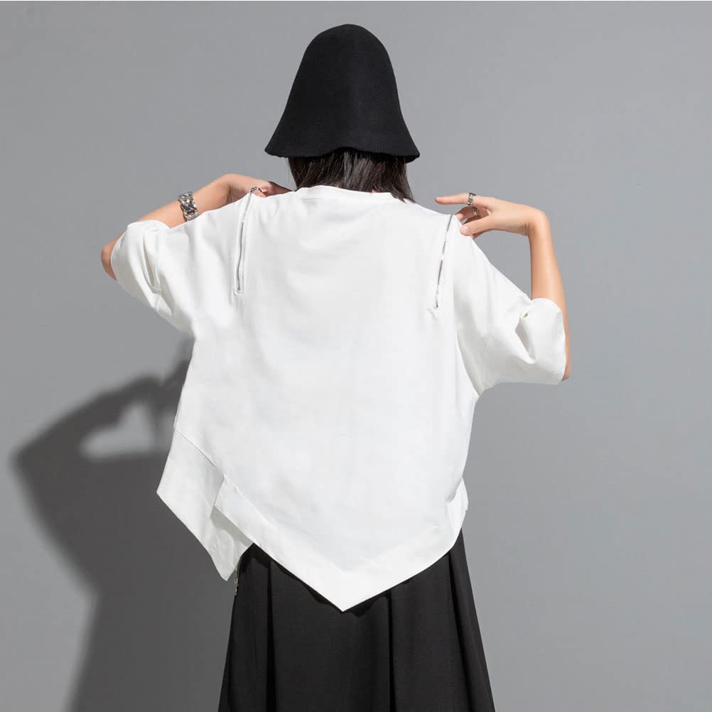 Morino Short Sleeve Loose Fit Solid Street Summer Size Women's T-Shirt, Color, Asymmetrical, Zippered, Off-the-Shoulder, Casual, Fashionable, Unique,