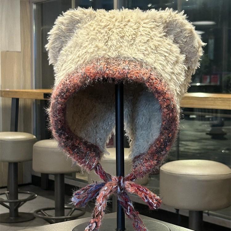 Cute Hat with Velvet and Thickening Autumn and Winter New Style with Face Cartoon Ears Cycling Hat Ear Protection Warm Hat for Women