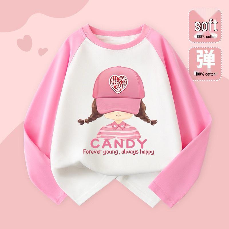 2025 Милая мультяшная футболка с длинным рукавом реглан в цветной блок для девочек