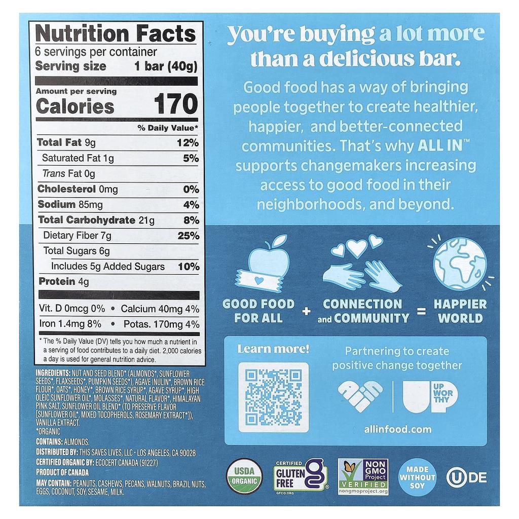 All In, Nut & Seed Bars, Madagascar Vanilla, Honey + Almonds, 6 Bars, 40g (1.4oz) Each