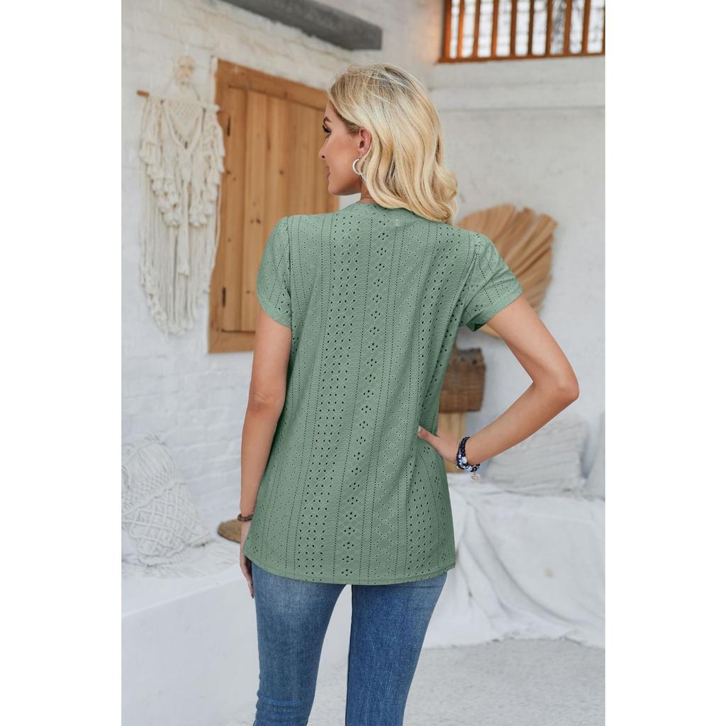 GMXIA Женская футболка весна-лето с V-образным вырезом, пуговицами, рукавами-лепестками, однотонная футболка