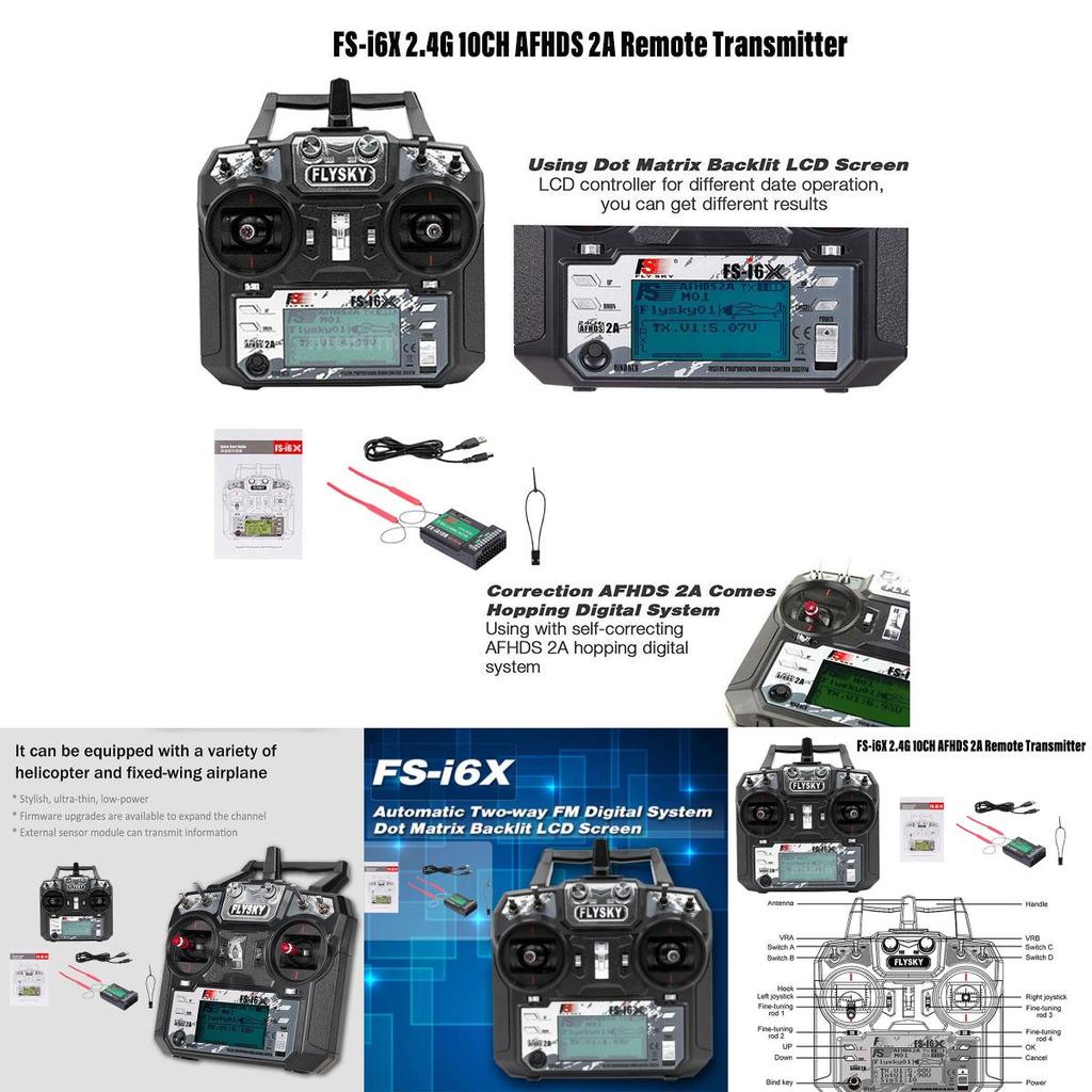 Fs-i6x 10-канальный пульт дистанционного управления для самолета с фиксированным крылом, планера и многоосевого самолета I6x+ia10b)