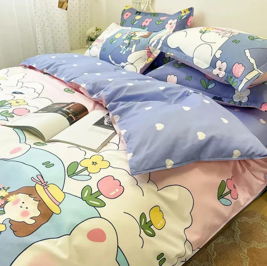 Flower Bedding Sets Skin Friendly Duvet Cover + Flat Sheet +2pc Pillowcase Spring King Queen Twin Single Full Size Bed Linen B91