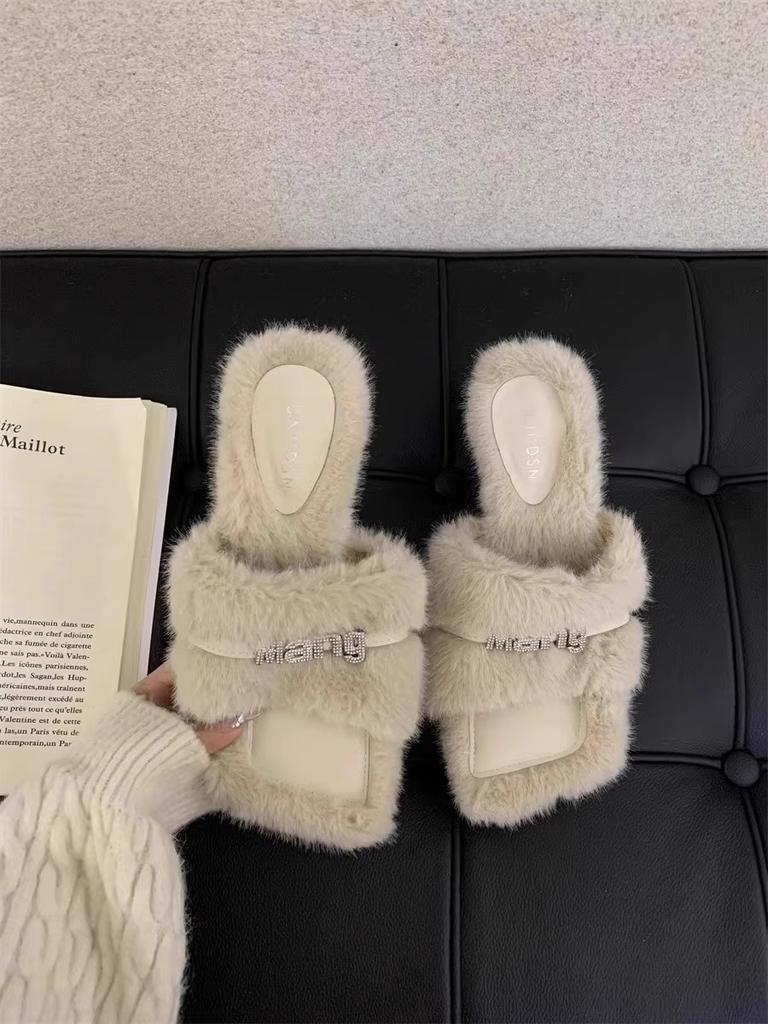 Mao Mao Slippers Women's Autumn New Outer Wear 2025 New French Temperament Rhinestone Mao Mao Shoes Thick Heel High Heels