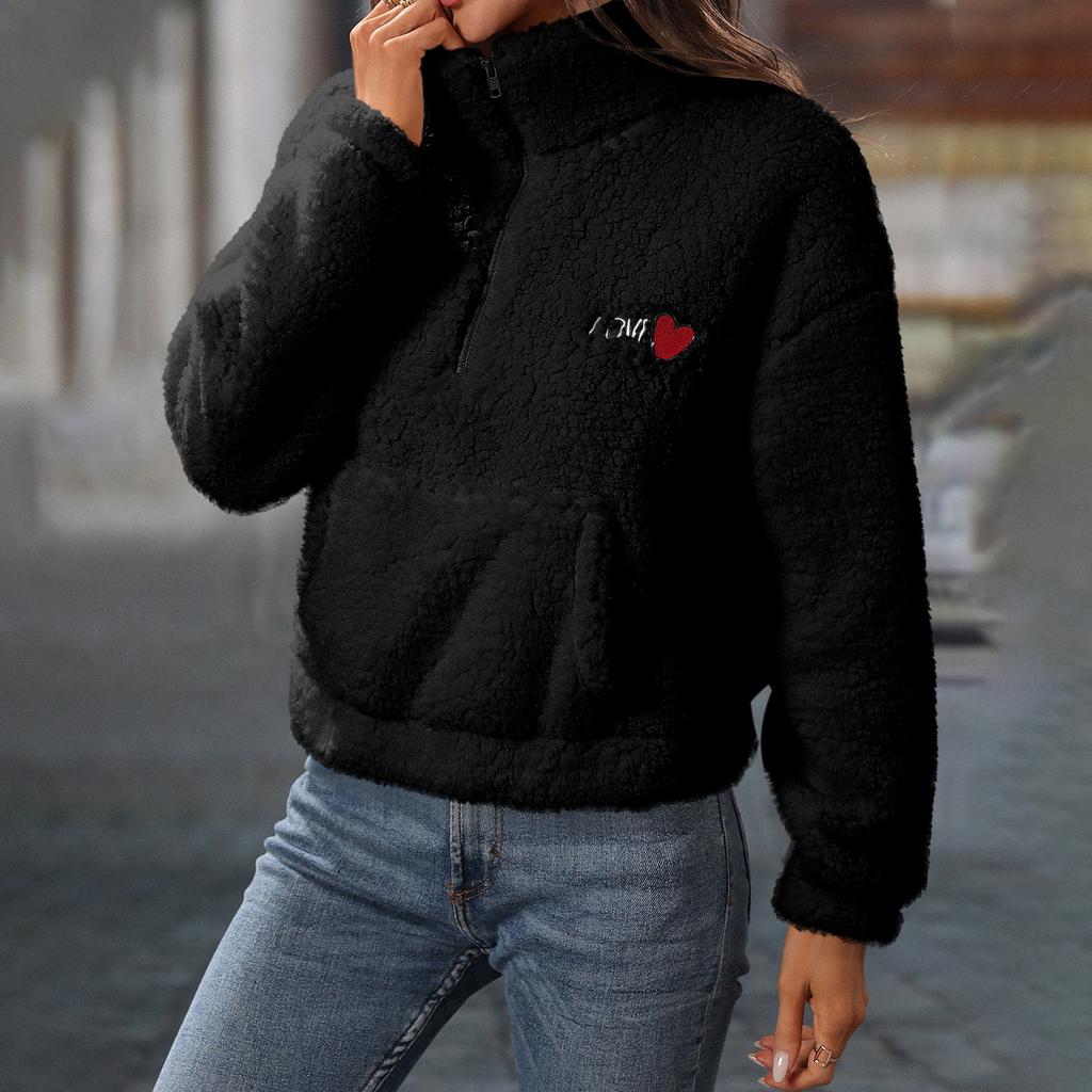 Женская и зимняя плюшевая толстовка с длинным рукавом, свободная, с полумолнией и воротником-стойкой