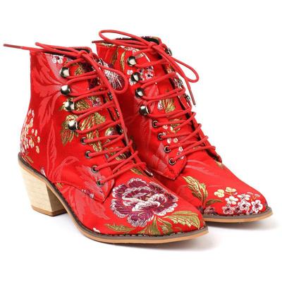 Женские элегантные ботильоны, тканевые сапоги в стиле ретро с цветочным принтом на блочном каблуке для женщин