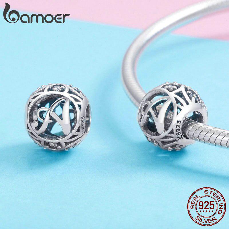 BAMOER Круглые шармы из стерлингового серебра 925 "Латинский алфавит"
