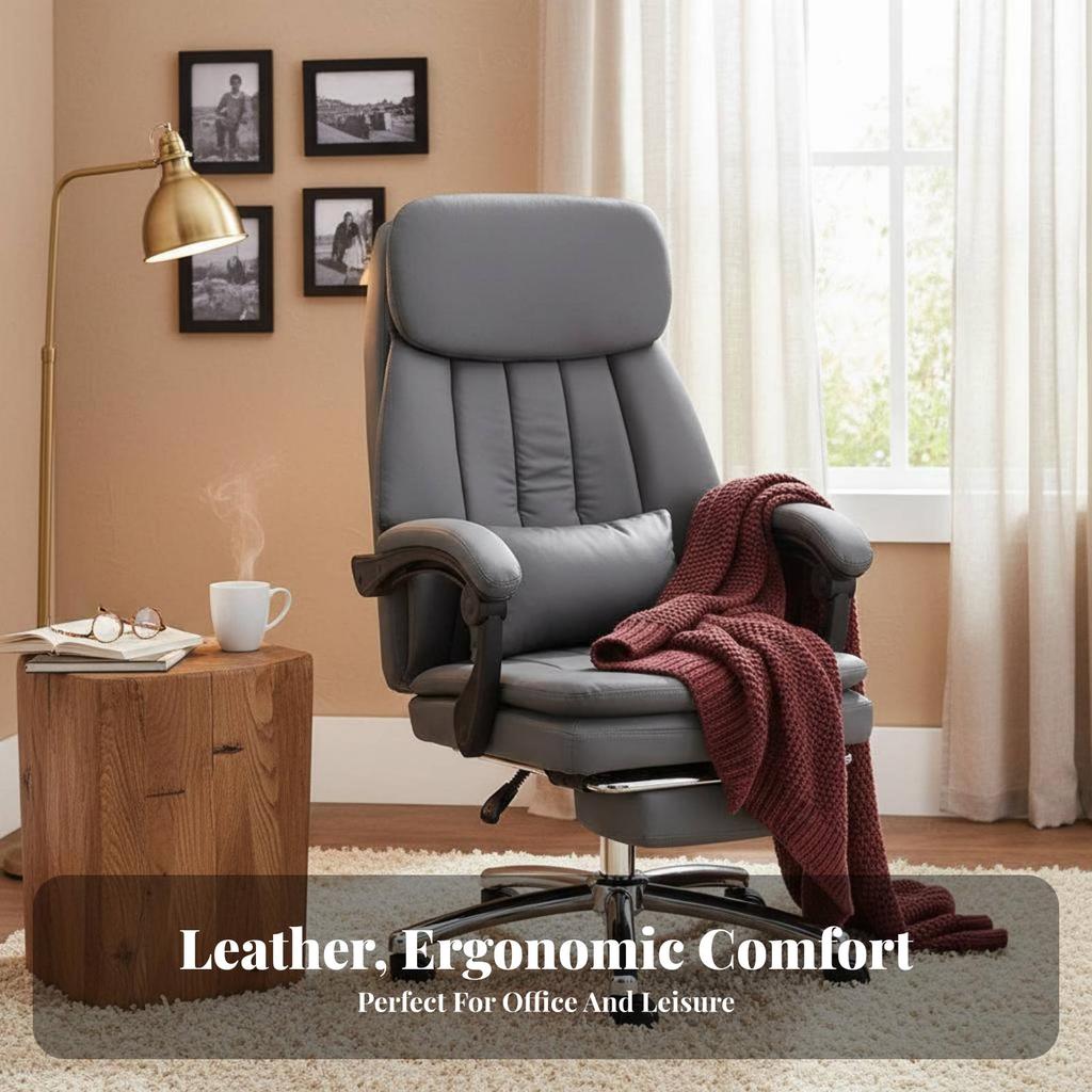 Reclining Desk Chair with Footrest Highspine Support Office Furniture Ergonomic Design Easy to Clean for Remote Workers, resting