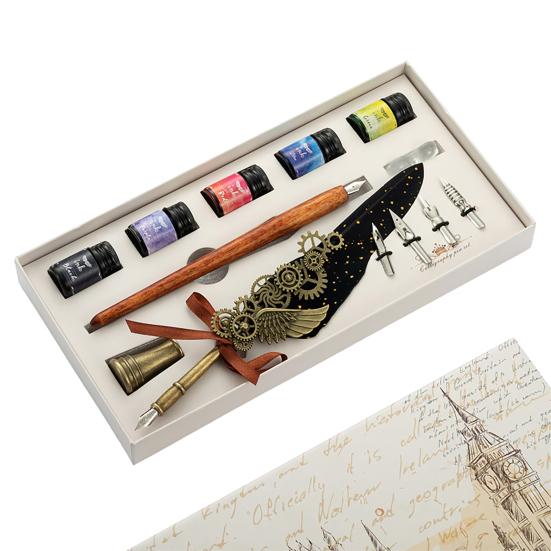 1 Set Useful Gear Decoration Exquisite Fadeless Comfortable Grip Feather Pen Kit for Office Quill