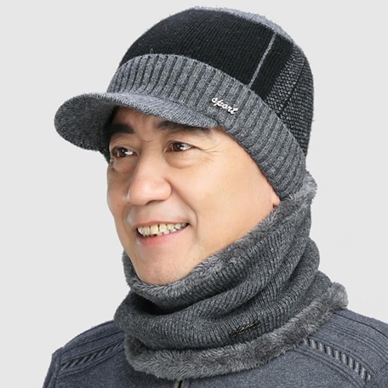 Мужская шерстяная шапка и нагрудник, зимняя защита ушей, утолщенная, плюс флисовая вязаная шапка с карнизом, теплая шапка для мужчин среднего и пожилого возраста