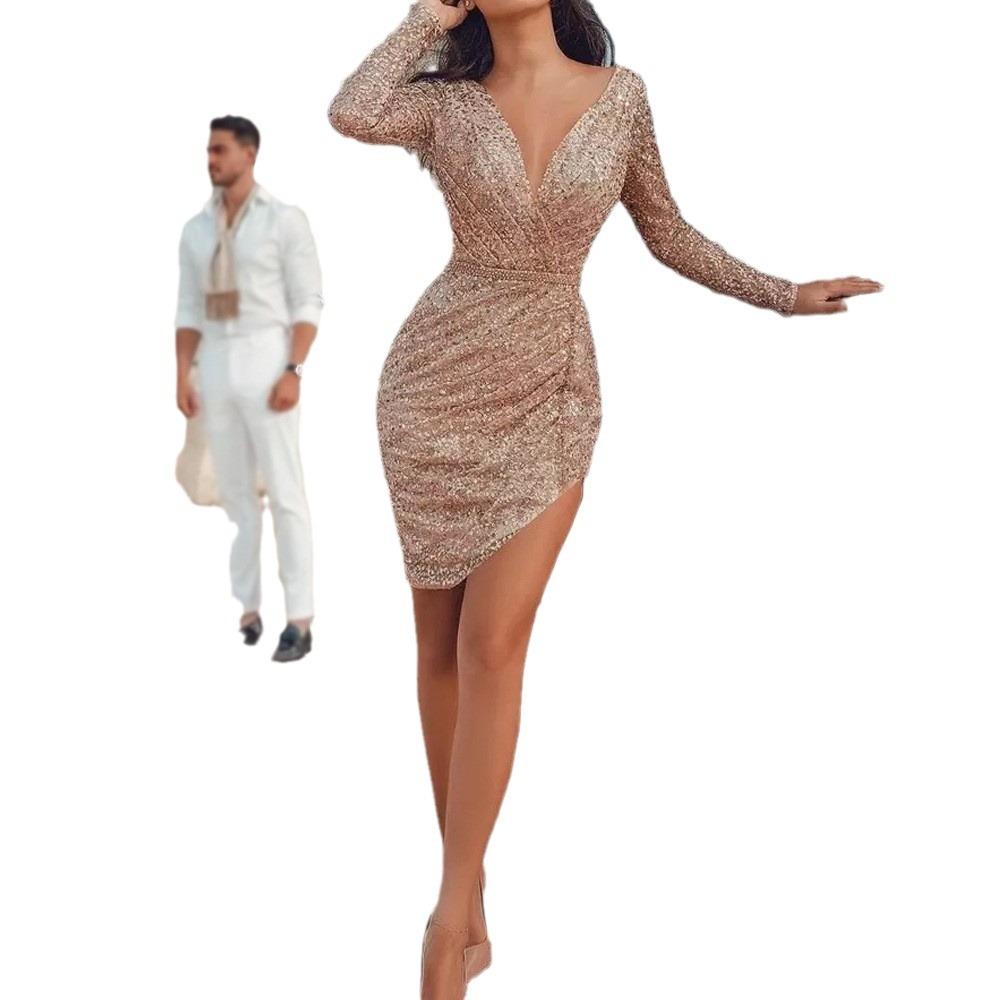 European and American autumn new women's clothing wish Dunhuang sexy deep V long sleeve slim pencil dress