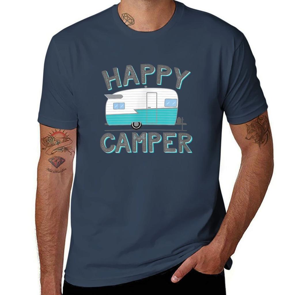 Happy Camper Vintage Shasta Trailer Tshirt Breathable Gym Short Sleeve Tshirt