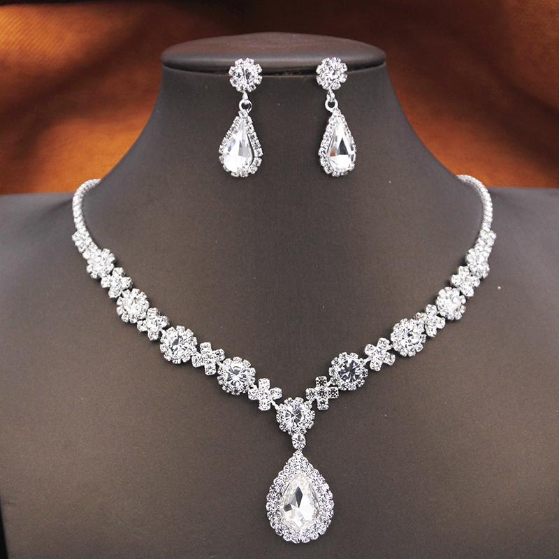 Women's Rhinestone Water Drop Bridal Jewelry Set Birthday Prom Purple Choker Necklace Earrings Wedding Bride Accessory Fashion