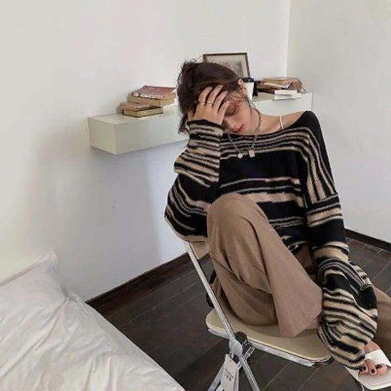 Полосатый вязаный свитер, женский винтажный свободный пуловер, полосатый топ с круглым вырезом и длинными рукавами, уличный трикотаж, Sueter Mujer, джемпер, весна-осень