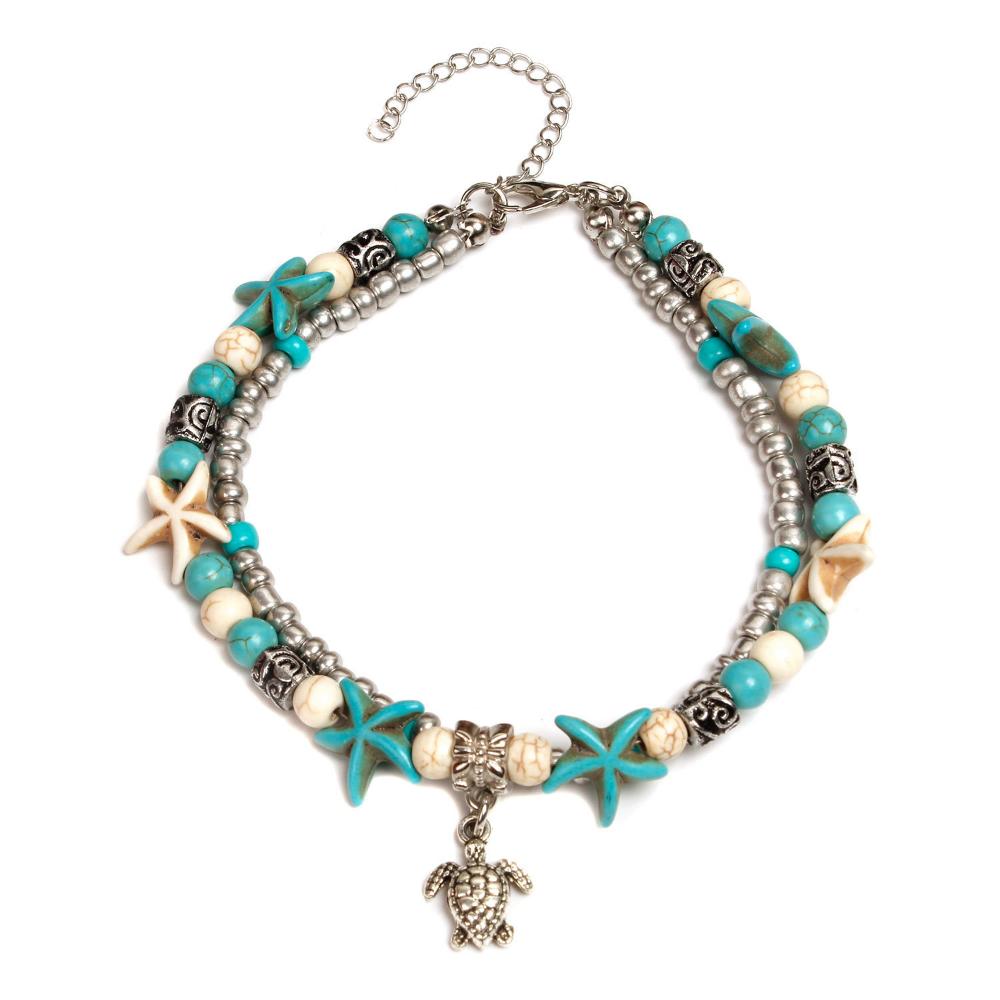 Beach Anklet Ankle Bracelet Turtle Anklet Starfish Anklet Nautical Anklet  Beaded Anklet (Color: Silver)