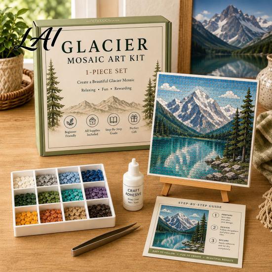 Handmade Desktop Ornaments DIY Sea Glass Mosaic Art Kit Ocean/Landscape Inspired Artwork Complete Making Tools with Colorful Pieces Craft