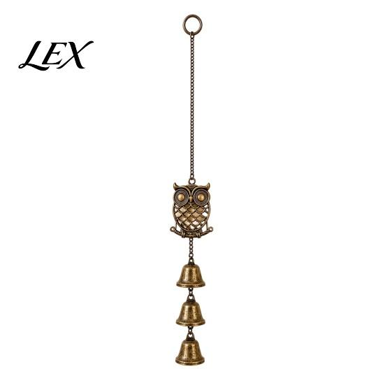 Retro Bronze Hanging Ornaments Vintage Metal Owl Wind Chime with 3 Bells, Hollow Ornament, Indoor Outdoor Sound Decor Pendant for Garden Patio Balcony