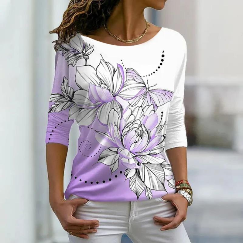 Осенняя универсальная женская футболка с длинными рукавами и цветочным принтом, обычный повседневный топ в стиле ретро с круглым вырезом и разноцветным принтом в стиле бохо