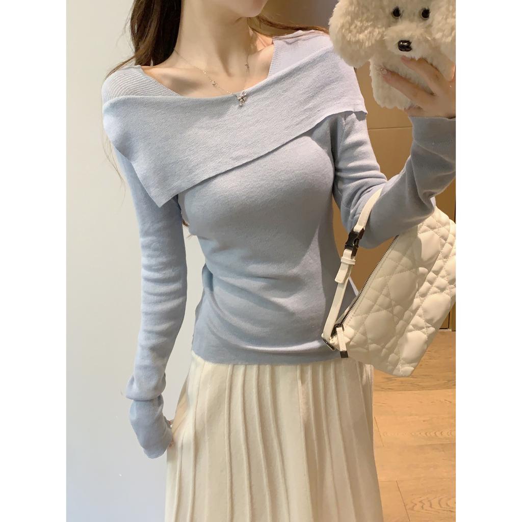 Chic One-word Shoulder Knitted Bottoming Shirt Women's Spring Slim-fit Spice Girls Irregular Inner Top Temperament Sweater