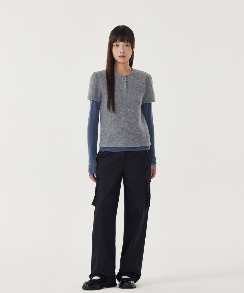 COVERNAT WOMAN Henley Neck Layered Long Sleeve Melange Gray