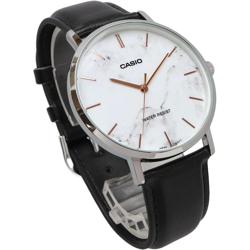 Casio Мужские кварцевые часы Белый мрамор Черная кожа Mtp Vt01lm 7a