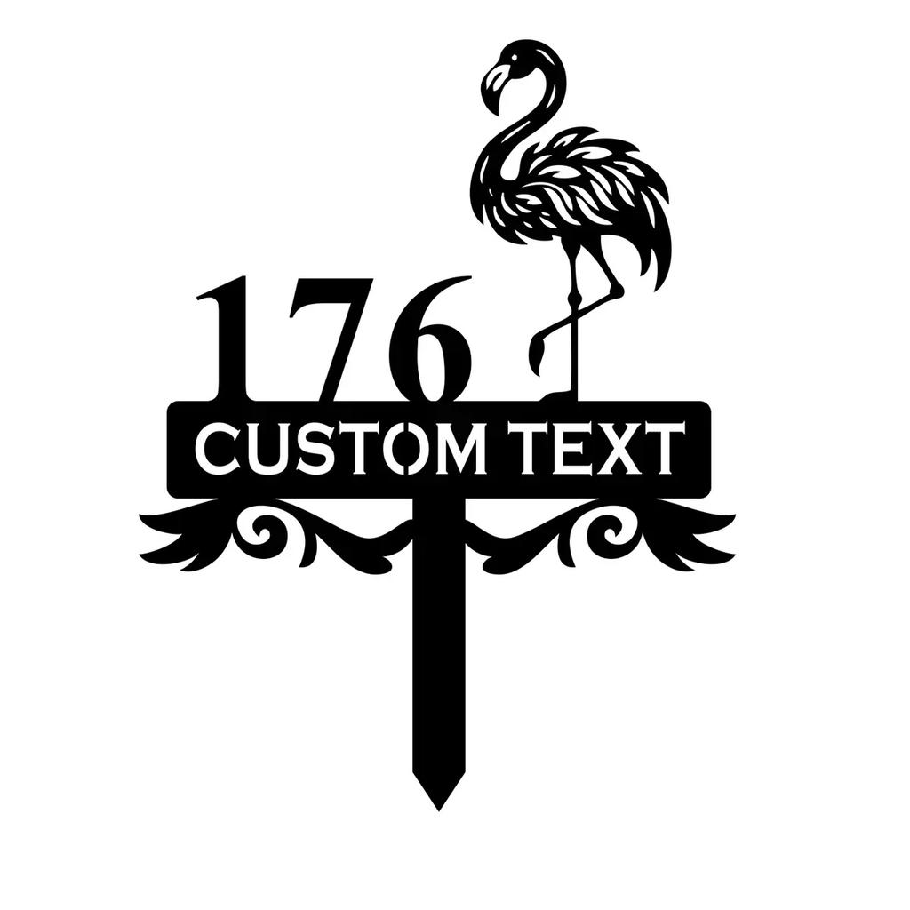 Metal Flamingo Address Sign, Beach House Number Stake, Tropical Garden Plaque, Personalized Outdoor Metal Decor