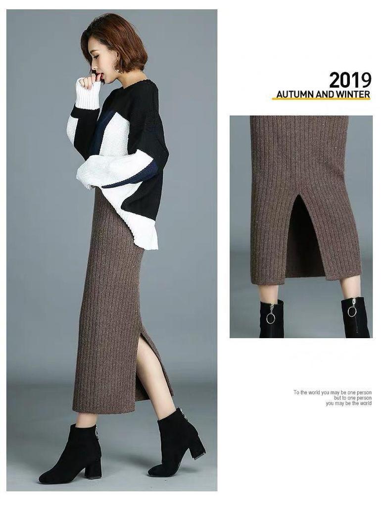 Женская трикотажная шерстяная юбка с высокой талией 2021 года: Осень/Зима, Плотный, Длинный, Приталенный, с разрезом